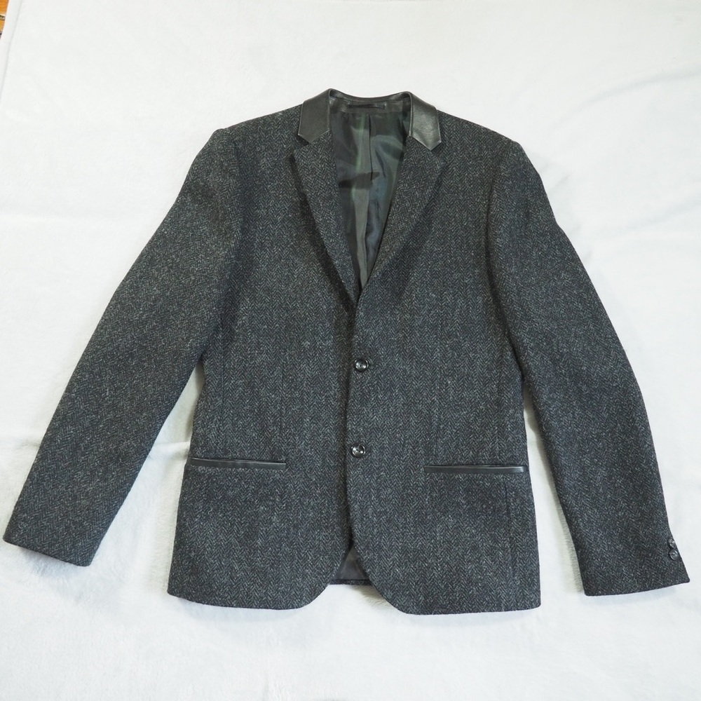 Harris Tweed X Le 31 Sz 40R Men's Dark Gray Wool-Blend Sport Coat Leather Trim